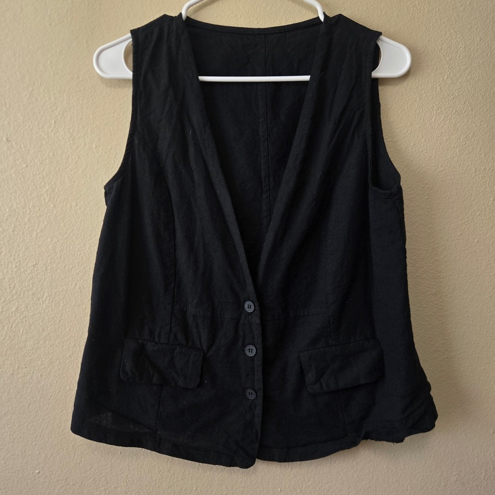 Black Cotton‎ Linen Button Down Vest V-Neck Waistcoat with Pleated Back Small